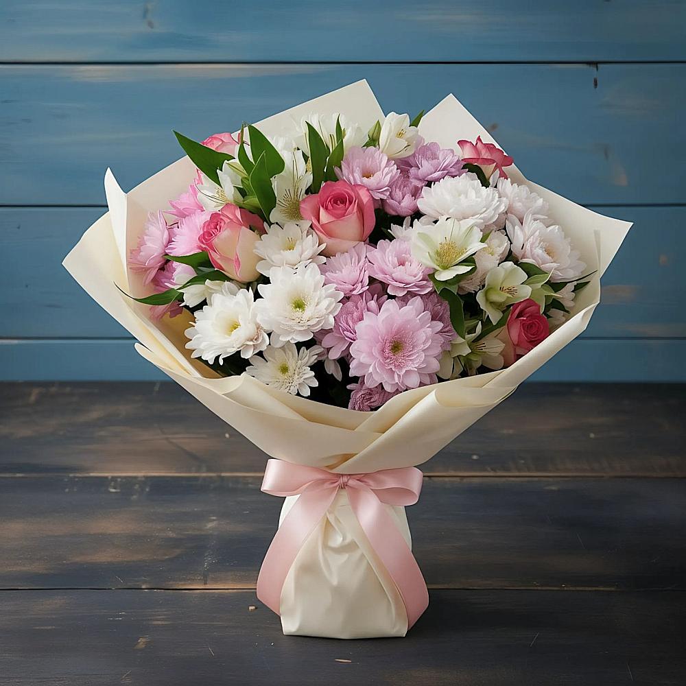 Букет цветов из: Хризантемы, Альстромерии и Розы в Сухобезводное